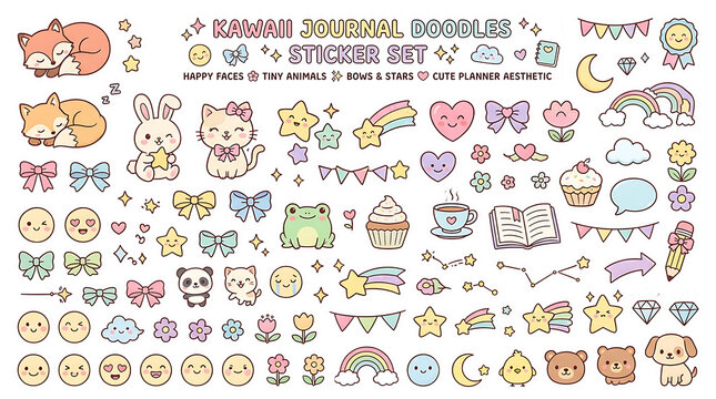 Kawaii journal doodles sticker set with happy faces and tiny animals isolated on transparent background