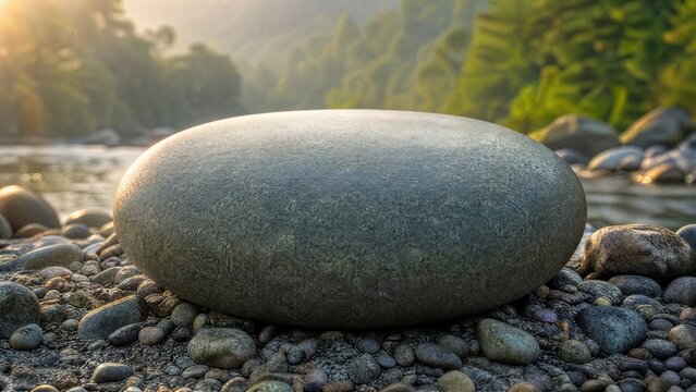 bedrock. A smooth circular river stone resting on a gravel shore. travel magazines, destination branding, designed for outdoor magazines and nature guides, inspires travel planning.