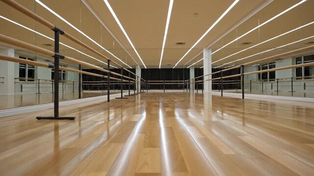 Empty dance studio interior with polished wooden floors, ballet barres along mirrored walls, and bright linear ceiling lights reflecting on the shiny parquet surface.
