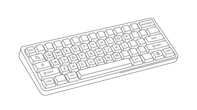 Isometric line art drawing of a computer keyboard.