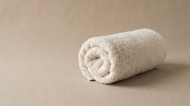 Soft rolled cream cotton towel on neutral background perfect for spa wellness hotel website and skincare product presentation