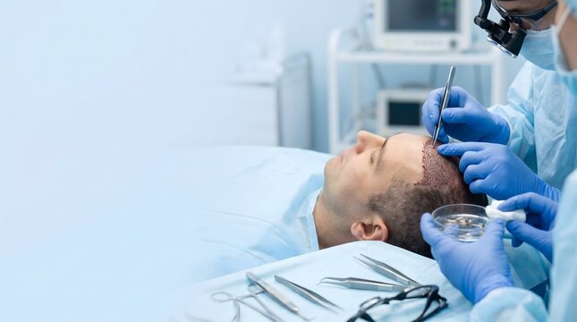 Hair Transplant Surgeon Performing FUE Hair Restoration Procedure in Modern Medical Clinic