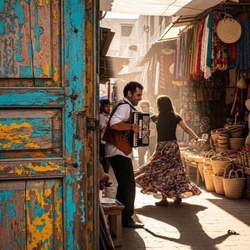 A man playing accordion for a dancing woman in a vibrant Middle Eastern marketplace.