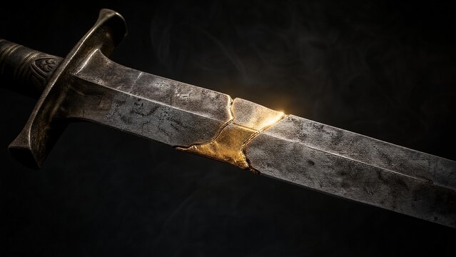 braze. Two broken sword blades joined by a gleaming golden braze on a dark background. safety posters, maintenance manuals, designed for precision metalworking and fabrication facilities.