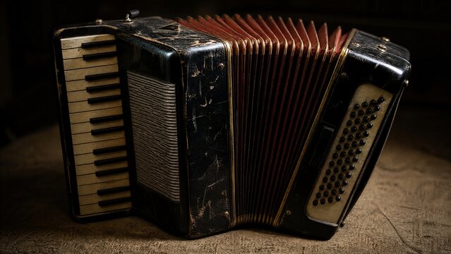 accordion. A worn accordion with open bellows on a textured surface, side lighting. event programs, museum guides, designed for cultural heritage projects and event programs.