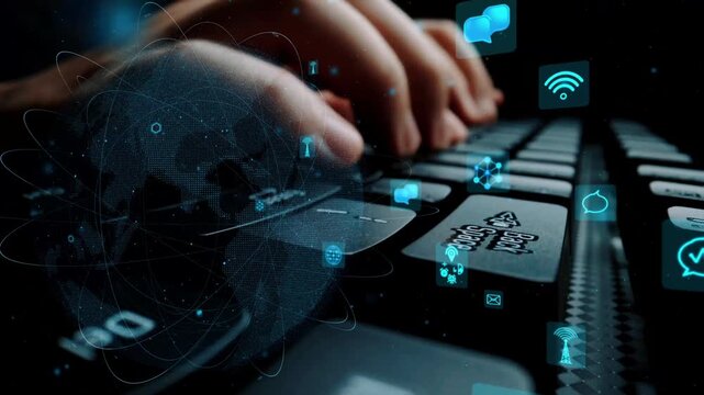 This image showcases a pair of hands on a keyboard with various digital icons around, symbolizing technology and connectivity in a contemporary work environment. Xenic