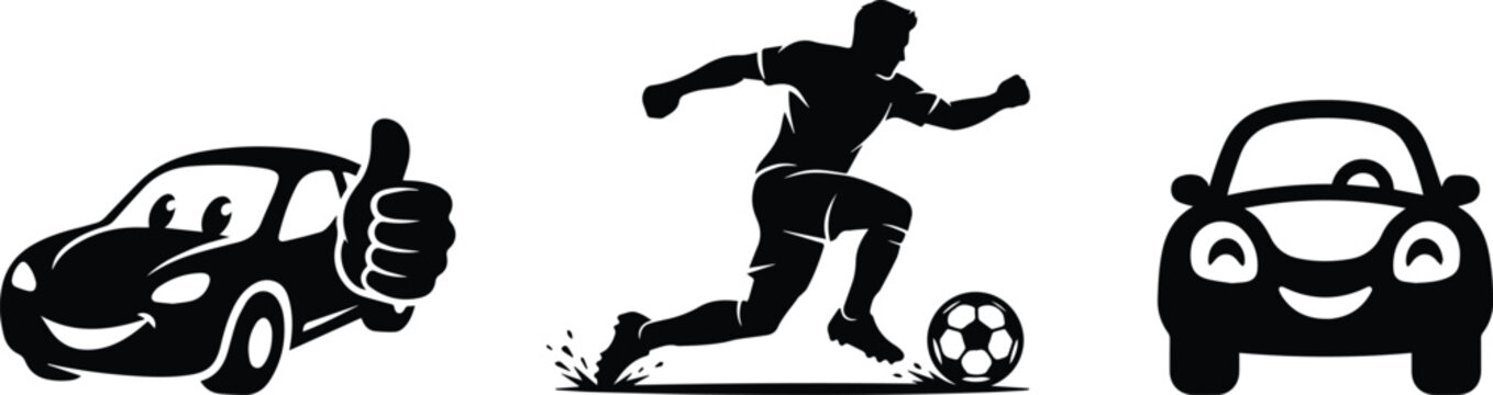 Black silhouette icons set, soccer player running with ball, cartoon car with thumbs up gesture, smiling vehicle face vector graphics