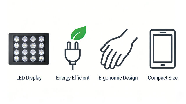 Showcasing LED displays, energy efficiency, and ergonomic design, representing the concept of humanized product design and daily office and portable device user experience.
