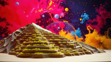 Obraz premium Pyramid structure dominates scene. Vibrant colors explode around it. Surreal landscape evokes fantasy, mystery, wonder. Brightness contrasts dark background.