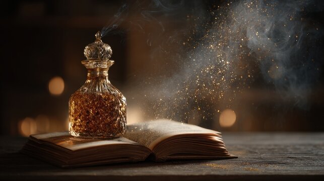 Open hardcover book with textured pages lying on a wooden surface, illuminated by warm ambient lighting creating a cozy reading environment