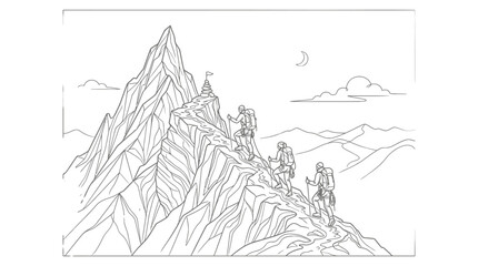 Fototapeta premium Hikers climbing a steep mountain peak.