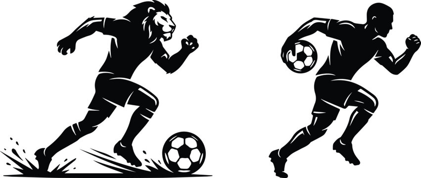 Dynamic soccer player and lion mascot vector silhouettes, athletic football striker and animal athlete icons, black and white sports graphics