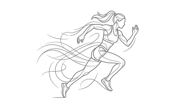 Fast female runner with speed lines line art.