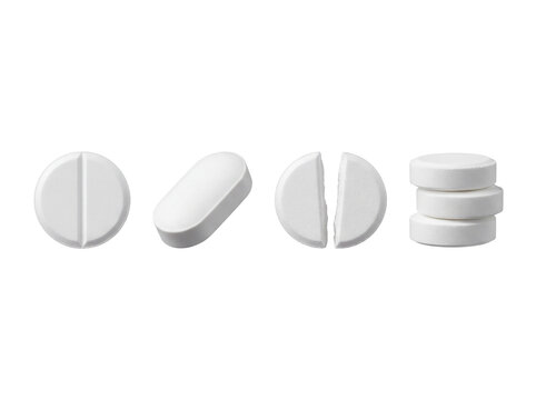 White medical tablets and caplets asset pack with scored, broken half, and stacked variations, isolated on transparent background shadowless pharma resource.