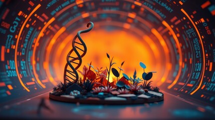 Obraz premium Futuristic scene depicts dna structure, plants, glowing tunnel. Orange light dominates, creating dramatic effect. Digital art style.