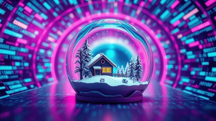 Obraz premium Snow globe displays cozy cabin scene. Vibrant neon tunnel surrounds glass sphere. Digital data streams create futuristic backdrop. Winter wonderland.