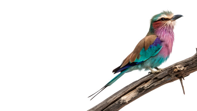 Beautiful bright colorful tropical lilac breasted roller bird sitting on a branch for wildlife nature on transparent background
