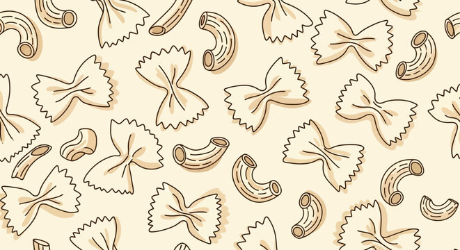 seamless italian pasta pattern with farfalle and macaroni on a light background ideal for food packaging and cooking blogs.