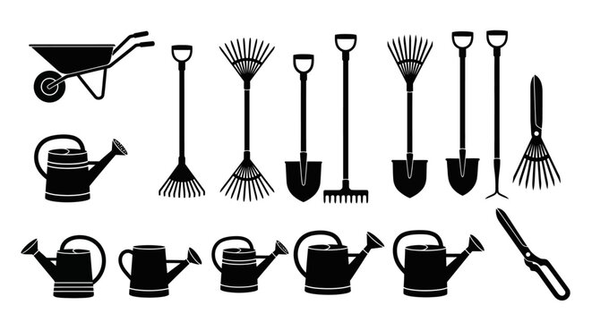 a complete set of gardening tools and equipment in vector silhouettes featuring a wheelbarrow rakes shovels and watering cans.