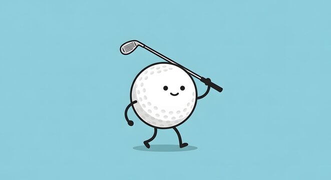 Funny Minimalist Cartoon Golf Ball Character Carrying Club Stick Walking Vector