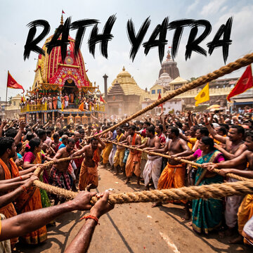 Grand celebration of Rath Yatra with devotees pulling the sacred chariot in India
