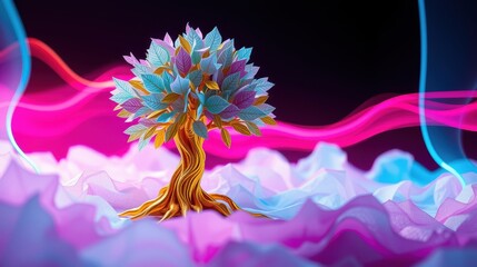 Obraz premium Vibrant tree stands amid flowing waves, illuminated by colorful light. Dramatic scene evokes fantasy, energy, beauty.