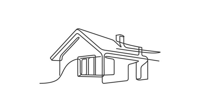 Continuous line drawing of modern residential house exterior.