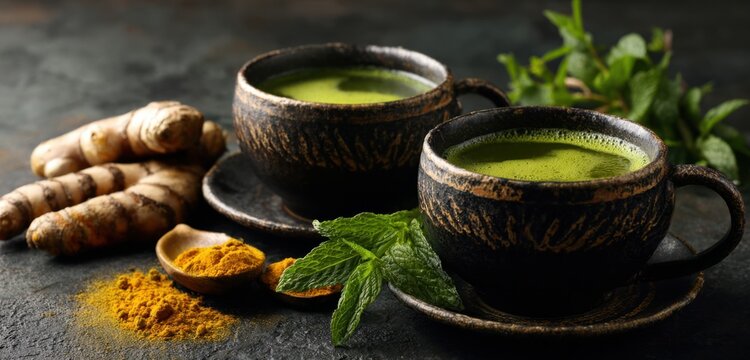 Pour-over green tea in rustic black ceramic cups with fresh turmeric root and ginger slices, vegetal and earthy ingredients, natural presentation