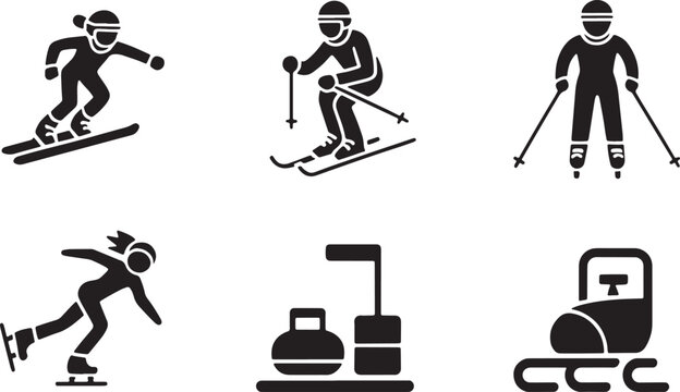 Winter sports and athlete competition icons set in solid style bobsleigh on white background