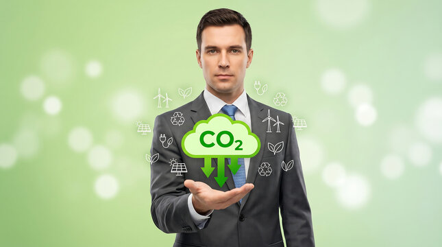 Carbon footprint reduction concept with businessman holding CO2 cloud icon, environmental sustainability and green energy corporate strategy