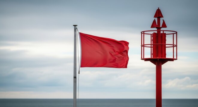 Red flag warning signal lighthouse by the sea