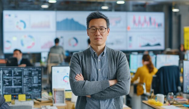 Professional data scientist in a modern office environment analyzing data on large display screens with graphs and charts