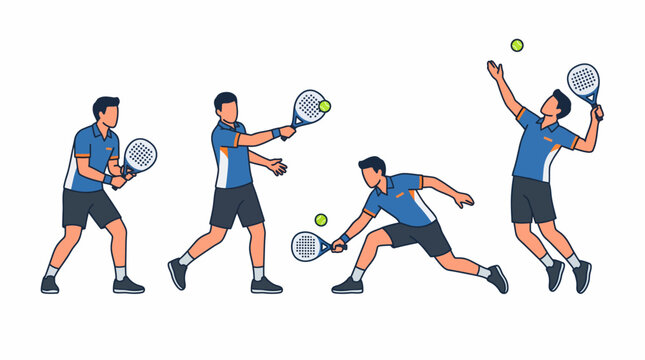 A male athlete demonstrating various tennis strokes and serves, including ready position, forehand, low shot, and overhead serve.