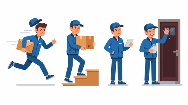A sequence of a delivery person in a blue uniform delivering a package, showing stages from running to knocking on a door.
