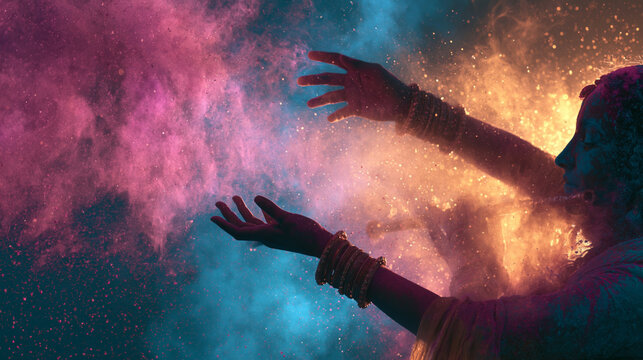 Female hands with traditional Indian bracelets reaching through vibrant magenta Gulal powder during Holi festival celebration, mystical religious art