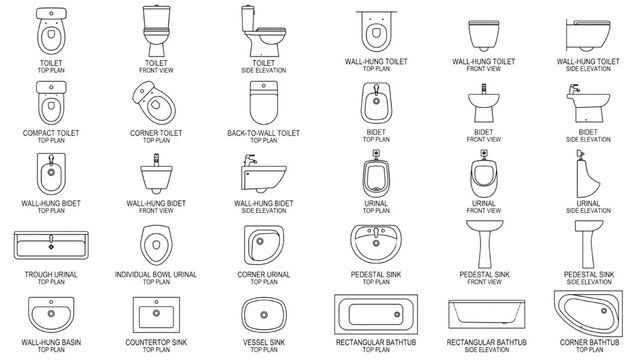 An architectural blueprint showcases a comprehensive collection of bathroom fixtures, including various toilet, bidet, sink, and bathtub designs. CAD Blocks Icon Sheet Vector