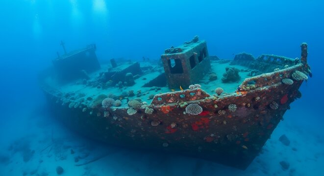 Old rusty shipwreck resting on the sandy ocean floor deep underwater with colorful coral reef life and blue water