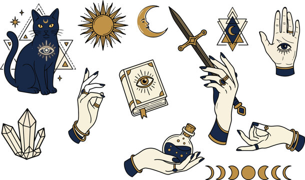  Witchcraft celestial vector illustration set with a black cat witch hands potion bottle magic book crystal and sun isolated on white background