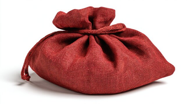 Red linen cloth bag with textured drawstring edges exhibiting soft, woven fabric material and rustic style