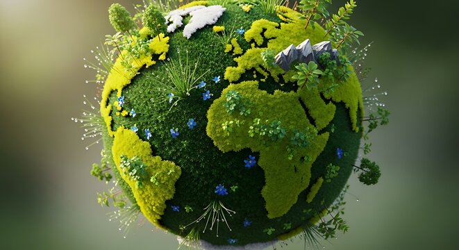 3d stylized green earth globe with digital icons and low poly landscape details floating in dark space background