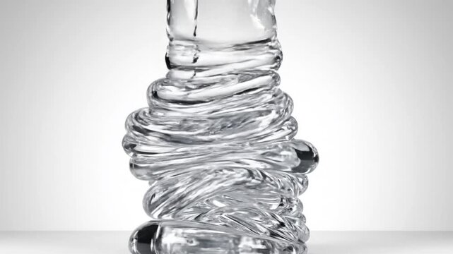 Empty clear glass bottle with decorative base on white background