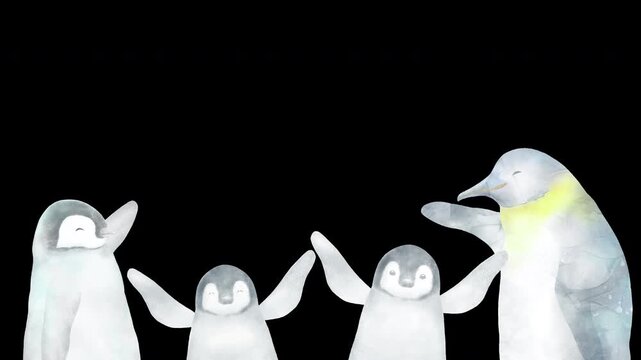 ペンギン家族がこちらに向かって手を振る&alpha;付きループアニメーション。コピースペース付きのフレーム。