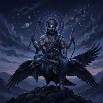 Powerful Lord Shani Dev riding his divine crow with bow and trident in a night sky
