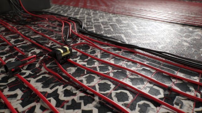 Rendered underlay on floor with red and black cables, textured surface and patterned rug in a modern interior setting