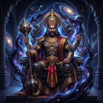 Lord Yama seated on his throne, surrounded by swirling cosmic galaxy energy and skull mace