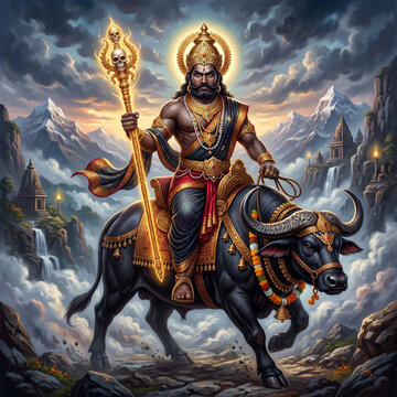 Lord Yama riding a powerful buffalo through an ethereal mountain landscape with temples