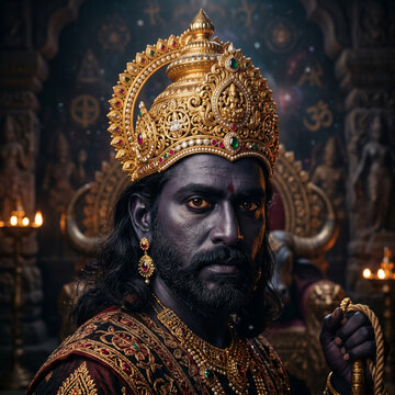 Intricate close-up portrait of Lord Yama, the Hindu God of Death, in golden traditional attire