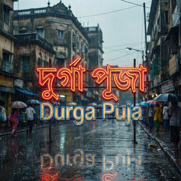 Neon sign for Durga Puja festival displayed in a rainy, atmospheric Indian street
