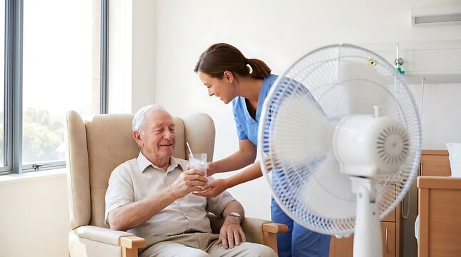 Caregiver bringing drink to elderly man with fan to keep cool in care home, intergenerational support