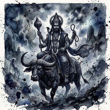 Artistic watercolor illustration of Lord Yama, the Hindu God of Death, riding his buffalo